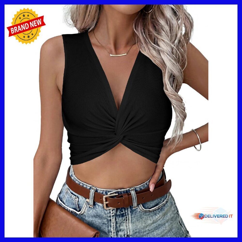Women's Ribbed Knit Crop Top Twist Front V Neck Sleeveless Tank